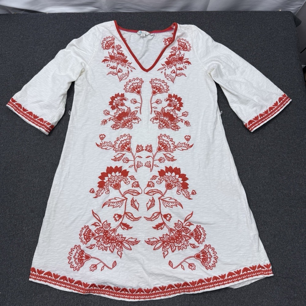 Boden Women Embroidered Tunic Dress Floral Red White Cotton Boho 10R